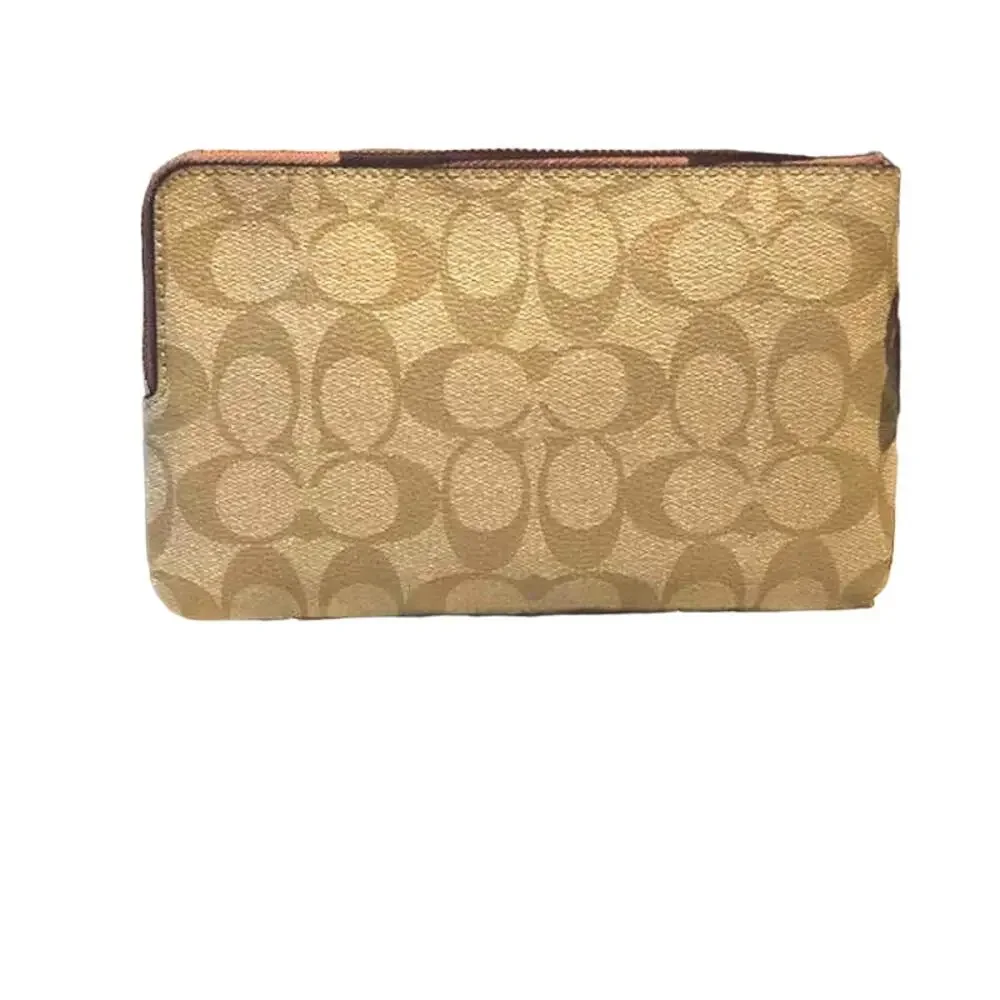 Light Khaki Coach Signature Print Double Zip Corner Wallet Gold Hardware NWT - Picture 2 of 6